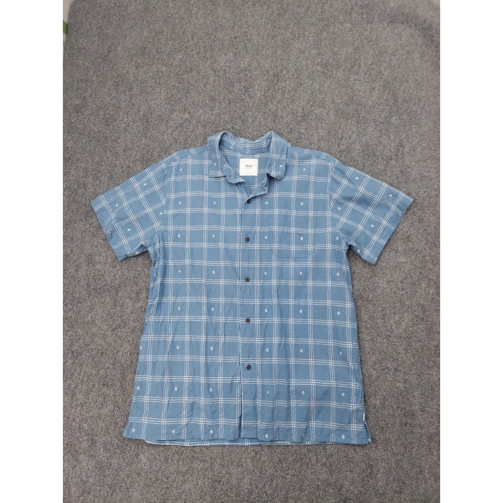 Katin Shirt Mens Large Blue Linen Cotton Blend Short Sleeve Button‎ Camp Plaid